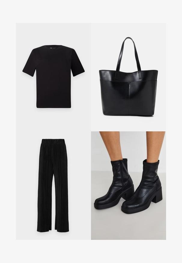 Black short-sleeve t-shirt with a round neckline, crafted from soft cotton fabric. Simple design, no visible logos or patterns.; Black pleated trousers with an elastic waistband. Features wide legs and a smooth, textured fabric with vertical stripes.; Black leather ankle boots with a high block heel, featuring a side zipper, smooth texture, and a tapered toe design.; Black leather tote bag with two long handles, a smooth texture, and a structured shape. Features a front pocket for additional storage.