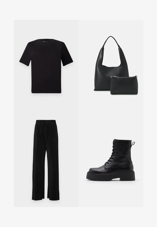 Crna majica kratkih rukava s okruglim izrezom, izrađena od mekane pamučne tkanine. Jednostavan dizajn, bez vidljivih logotipa ili uzoraka.; Crne plisirane hlače s elastičnim pojasom. Imaju široke nogavice i glatku, teksturiranu tkaninu s vertikalnim prugama.; Crne kožne gležnjače s okruglim vrhom, vezanjem sprijeda i debelim gumenim potplatom s teksturiranim uzorkom. Tipa: traka za vuču na stražnjoj strani.; Even&Odd Ručna torba - black