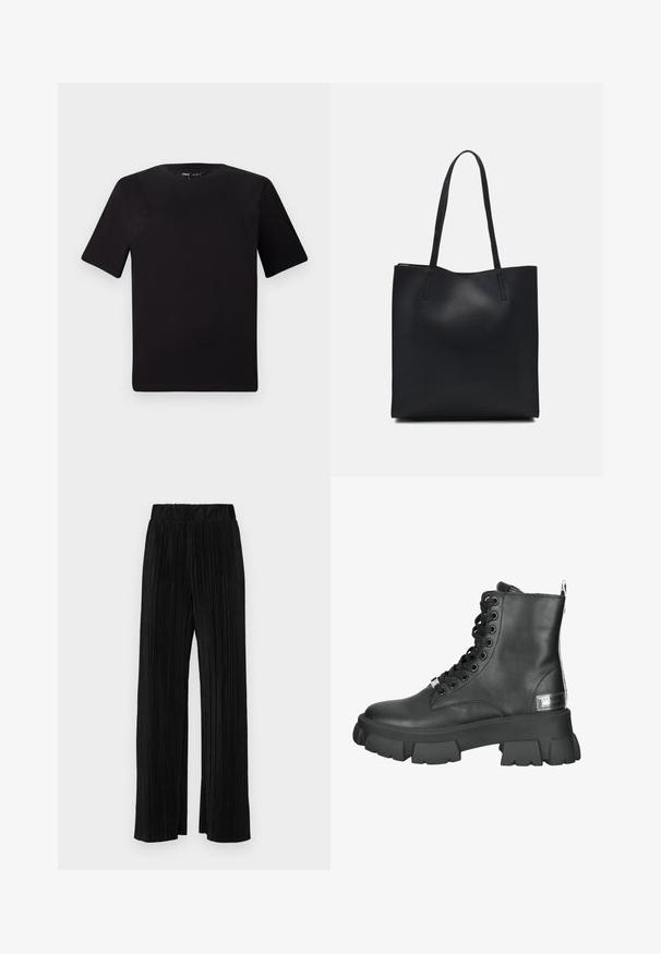 Svart kortärmad t-shirt med rund halsringning, tillverkad i mjukt bomullstyg. Enkelt mönster, utan synliga logotyper eller mönster.; Svarta plisserade byxor med resårmidja. Har vida ben och ett mjukt, texturerat material med vertikala ränder.; Svarta läderankelstövlar med en tjock platåsål, rund tå, framsnörning med metallöglor och en bakre dragflik.; Svart lädertoffelväska med slät textur, rektangulär form och två långa handtag. Ingen synlig hårdvara eller dekorationer.