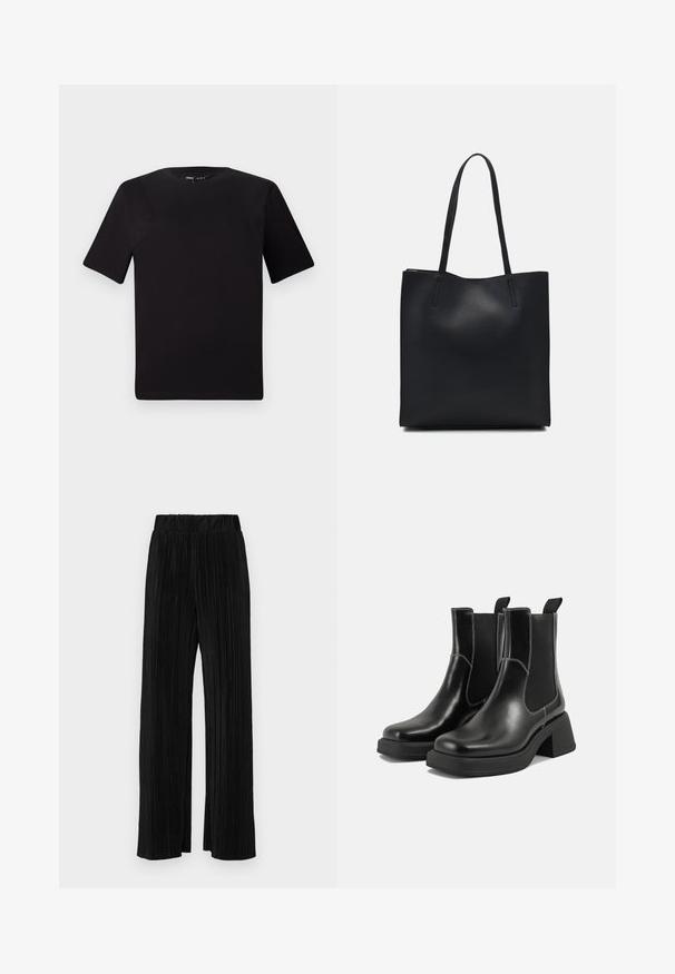 Camiseta negra de manga corta con cuello redondo, fabricada en suave algodón. Diseño simple, sin logos ni patrones visibles.; Pantalones negros de pliegues con una cintura elástica. Presentan piernas anchas y una tela suave y texturada con rayas verticales.; Botas Chelsea de cuero negro con tacón grueso, paneles laterales elásticos y costuras en blanco que contrastan. Acabado texturizado.; Bolso tote de cuero negro con textura lisa, forma rectangular y dos asas largas. Sin herrajes ni adornos visibles.