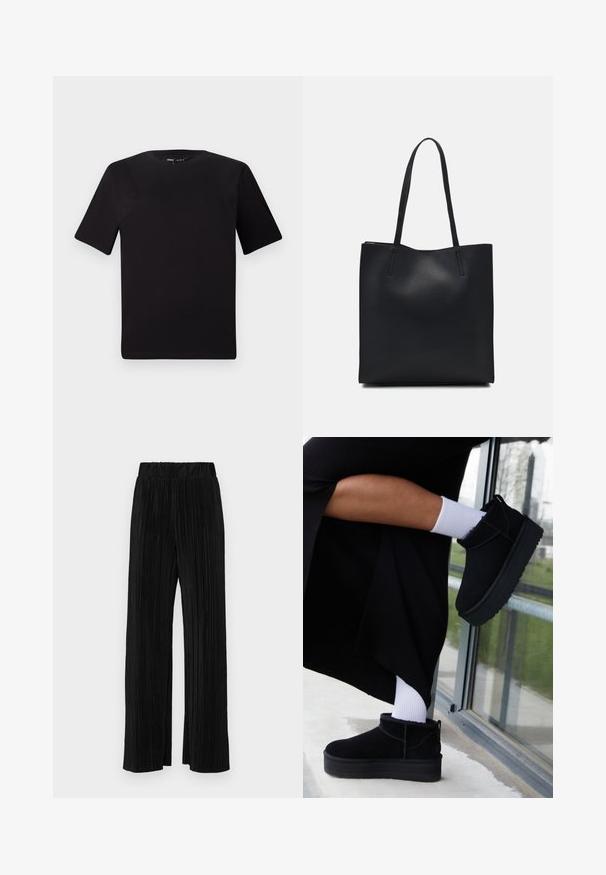 Juodas trumpas rankovės marškinėlis su apvaliu iškirpimu, pagamintas iš minkštos medvilnės medžiagos. Paprastas dizainas, be matomų logotipų ar raštų.; Juodi plisuoti kelnės su elastine juosta. Turėkite plačias kojas ir glotnų, tekstūrinį audinį su vertikaliais dryžiais.; Juodos suede kulkšninių botų su plokščiu padu, turinčių gale esančią kilpą, derinamos su baltomis kulkšnėmis kojinėmis minimalistiniame fone.; Juodas odinis tote krepšys su lygia tekstūra, stačiakampio formos ir dviem ilgais rankenomis. Matomų metalinių detalių ar puošybos nėra.