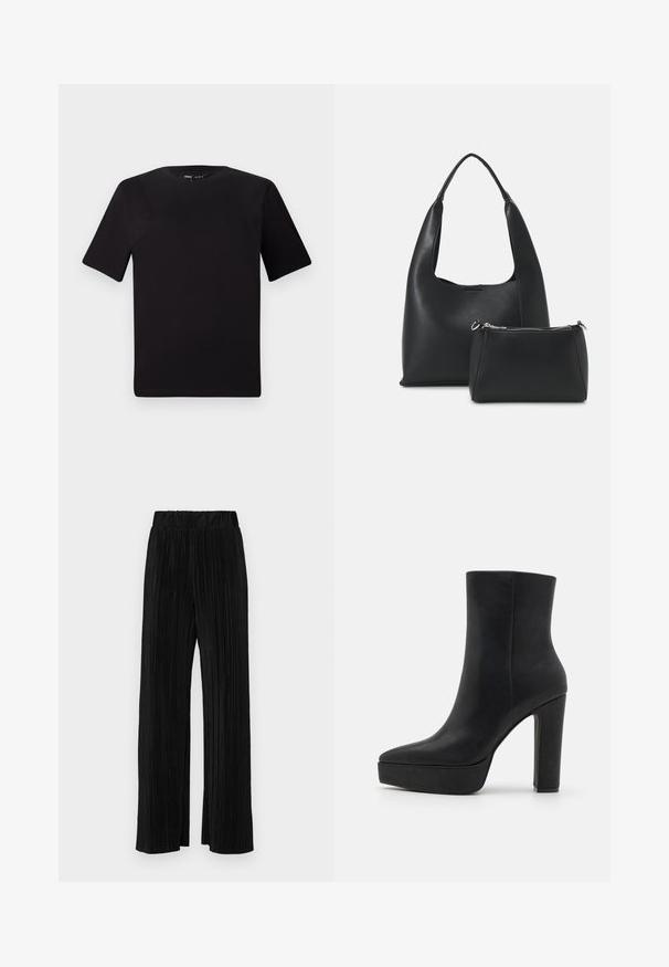 T-shirt noir à manches courtes avec un col rond, fabriqué en coton doux. Design simple, sans logos ni motifs visibles.; Pantalons plissés noirs avec une taille élastique. Présente des jambes larges et un tissu lisse texturé avec des rayures verticales.; Bottine noire à bout pointu, en cuir lisse. Elle présente un talon épais et haut ainsi qu'une semelle compensée pour plus de hauteur.; Even&Odd Sac à main - black