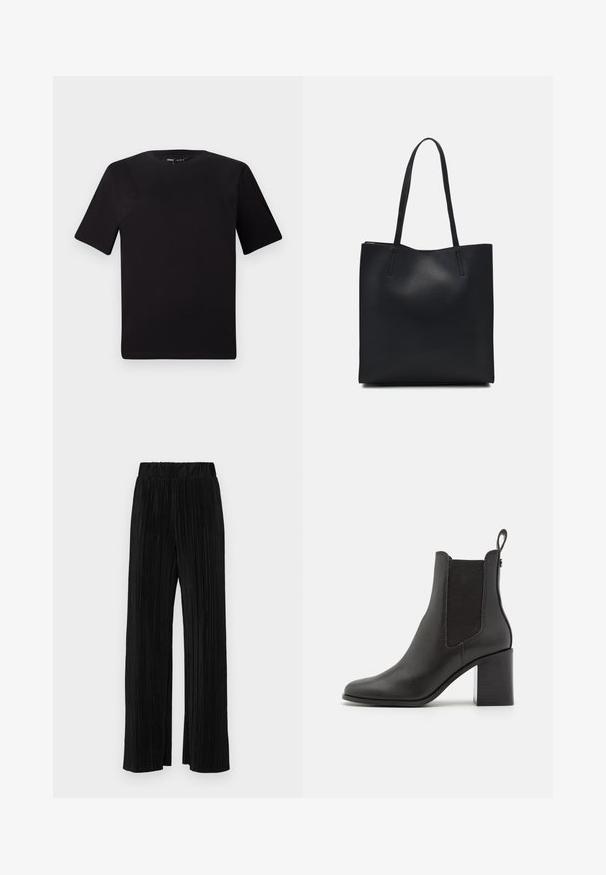T-shirt noir à manches courtes avec un col rond, fabriqué en coton doux. Design simple, sans logos ni motifs visibles.; Pantalons plissés noirs avec une taille élastique. Présente des jambes larges et un tissu lisse texturé avec des rayures verticales.; Bottine noire à talon en cuir lisse, dotée de panneaux latéraux en élasthanne, d'un bout arrondi et d'un talon carré.; Sac fourre-tout en cuir noir avec une texture lisse, de forme rectangulaire et deux longues poignées. Pas de matériel ou d'ornementations visibles.