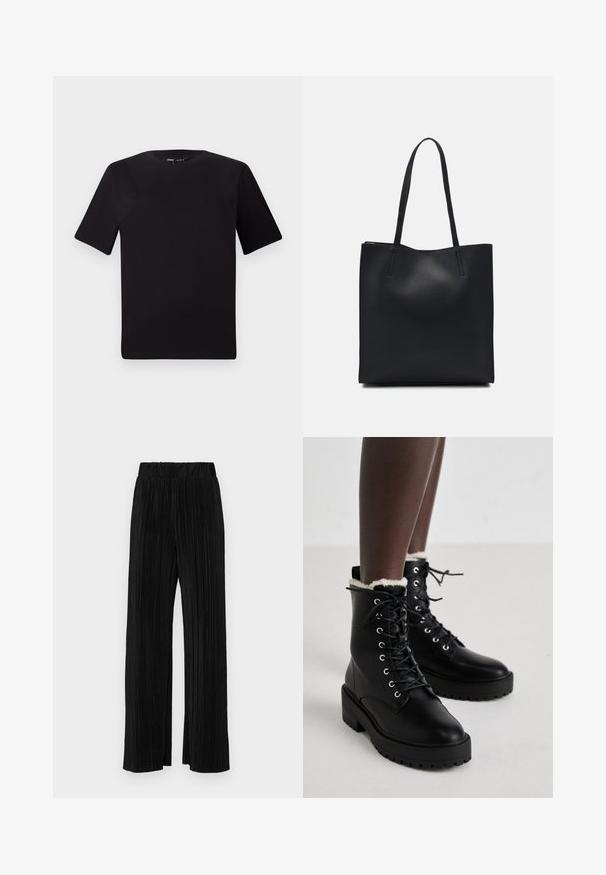 Camiseta negra de manga corta con cuello redondo, fabricada en suave algodón. Diseño simple, sin logos ni patrones visibles.; Pantalones negros de pliegues con una cintura elástica. Presentan piernas anchas y una tela suave y texturada con rayas verticales.; Botas de tobillo negras con cordones, suela gruesa y forro de felpa blanca, usadas por una persona que está de pie sobre un suelo claro.; Bolso tote de cuero negro con textura lisa, forma rectangular y dos asas largas. Sin herrajes ni adornos visibles.