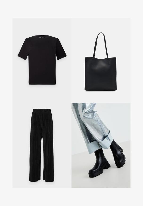 Black short-sleeve t-shirt with a round neckline, crafted from soft cotton fabric. Simple design, no visible logos or patterns.; Black pleated trousers with an elastic waistband. Features wide legs and a smooth, textured fabric with vertical stripes.; Black chunky ankle boots with textured soles, worn with silver metallic pants featuring a light denim cuff. Minimalist design, sleek materials.; Black leather tote bag with smooth texture, rectangular shape, and two long handles. No visible hardware or embellishments.
