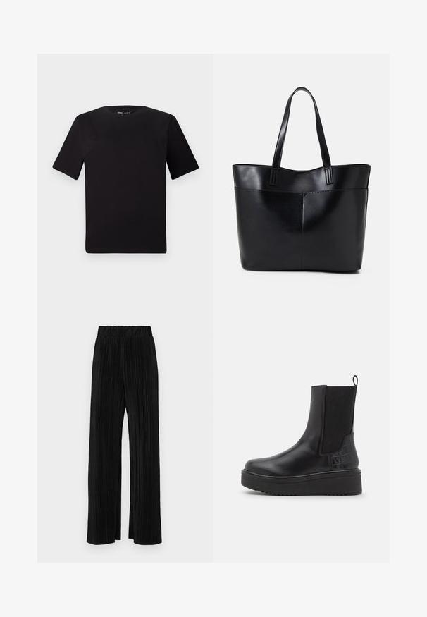 Fekete, rövid ujjú póló, kerek nyakkal, puha pamutból készült. Egyszerű dizájn, nincs látható logó vagy minta.; Fekete pliszírozott nadrág gumis derekkal. Széles lábakkal rendelkezik, sima, texturált anyagból készült, függőleges csíkokkal.; Fekete bőr bokacsizma elasztikus oldalsó betétekkel, struktúrált krokodilmintás díszítéssel, vastag platform talppal és húzófüllel.; Fekete bőr bevásárlótáska két hosszú fogantyúval, sima felülettel és strukturált formával. Elülső zseb található rajta a plusz tárolás érdekében.