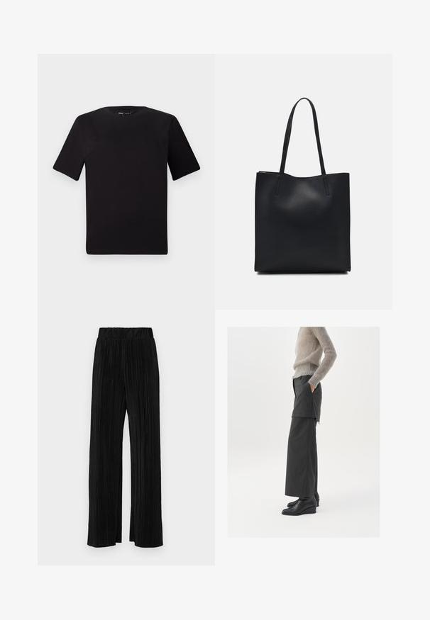 Camiseta negra de manga corta con cuello redondo, fabricada en suave algodón. Diseño simple, sin logos ni patrones visibles.; Pantalones negros de pliegues con una cintura elástica. Presentan piernas anchas y una tela suave y texturada con rayas verticales.; Pantalones anchos negros con dobladillo deshilachado, combinados con un suéter de punto gris claro. La modelo está de lado, con las manos en los bolsillos, y lleva zapatos de tacón negros.; Bolso tote de cuero negro con textura lisa, forma rectangular y dos asas largas. Sin herrajes ni adornos visibles.