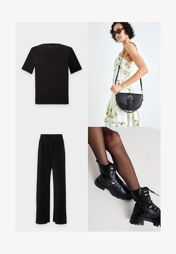 Tricou scurt negru cu mânecă scurtă și guler rotund, realizat dintr-un material de bumbac moale. Design simplu, fără logo-uri sau modele vizibile.; Pantaloni negri plisati cu talie elastică. Prezintă picioare largi și un material neted, texturat, cu dungi verticale.; Even&Odd Wide Fit Botine cu șireturi - black; Geantă din piele neagră, cu o formă curbată, curea detașabilă și accesorii aurii. Geanta are un capac cu un detaliu tip cataramă.
