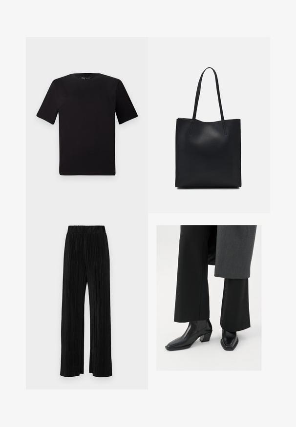Camiseta negra de manga corta con cuello redondo, fabricada en suave algodón. Diseño simple, sin logos ni patrones visibles.; Pantalones negros de pliegues con una cintura elástica. Presentan piernas anchas y una tela suave y texturada con rayas verticales.; Botines negros con punta cuadrada y tacón afilado, fabricados en cuero brillante con acentos acanalados verticales en los laterales.; Bolso tote de cuero negro con textura lisa, forma rectangular y dos asas largas. Sin herrajes ni adornos visibles.