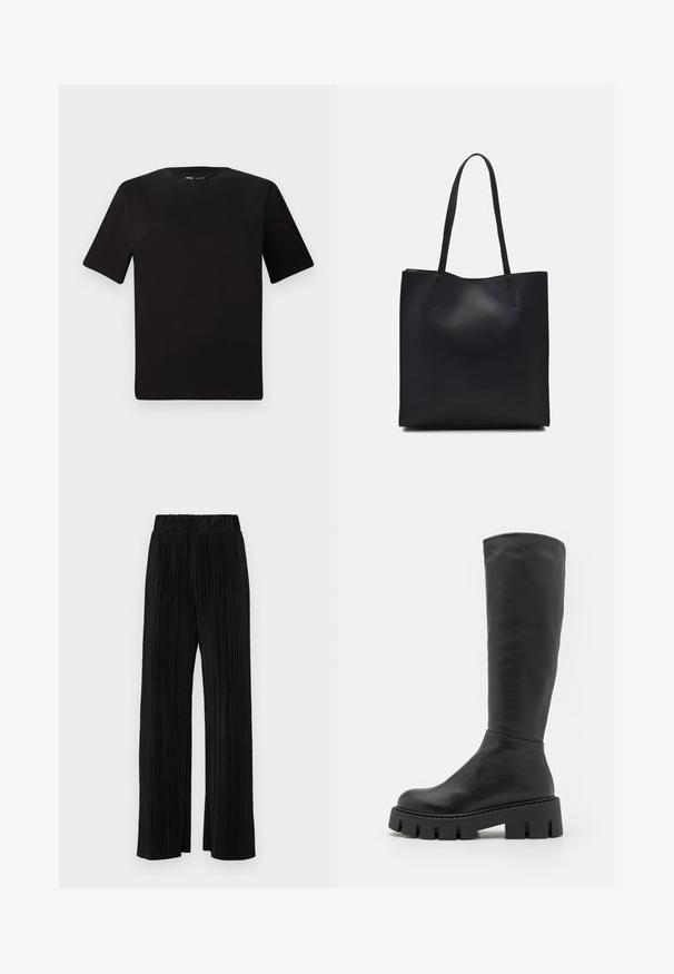 Černé tričko s krátkým rukávem a kulatým výstřihem, vyrobené z měkké bavlněné látky. Jednoduchý design, žádné viditelné logo nebo vzory.; Černé plisované kalhoty s elastickým pasem. Mají široké nohavice a hladkou, strukturovanou tkaninu s vertikálními pruhy.; Černé vysoké boty vyrobené z hladké kůže, se zaoblenou špičkou a robustní texturovanou podrážkou s hlubokými drážkami.; Černá kožená taška přes rameno s hladkým povrchem, obdélníkovým tvarem a dvěma dlouhými uchy. Žádné viditelné kování ani ozdoby.