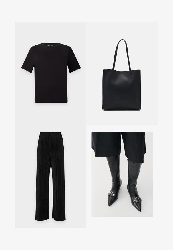 Must olema lühikeste varrukatega must t-särk ümmarguse kaelusega, valmistatud pehmest puuvillast kangast. Lihtne disain, ilma nähtavate logode või mustriteta.; Mustad pleekitud püksid elastse vöökohtaga. Omavad laiad jalad ja sujuvat, tekstureeritud kangast vertikaalsete triipudega.; Must lastest kaanete saapad, millel on terav nina ja hõbedane pandla aktsent. Omab tõmblukku siseküljel ja siledat tekstuuri.; Mustast nahast kott sujuva tekstuuriga, ristkülikukujuline ja kahe pika sangaga. Pole nähtavat riistvara ega kaunistusi.