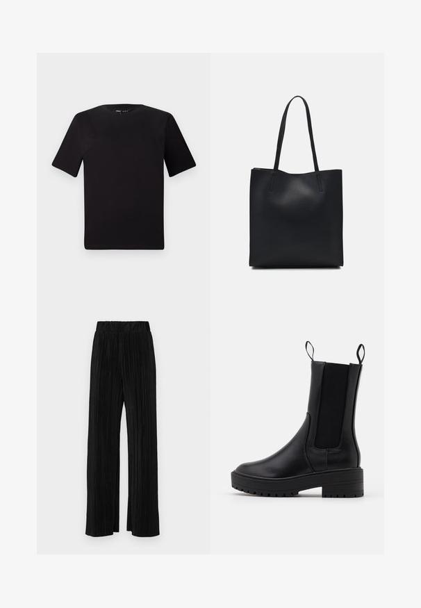 Czarna koszulka z krótkim rękawem o okrągłym dekolcie, wykonana z miękkiej bawełny. Prosty design, bez widocznych logo ani wzorów.; Czarne spodnie plisowane z elastycznym paskiem w talii. Posiadają szerokie nogawki oraz gładki, teksturowany materiał z pionowymi paskami.; Czarny botek za kostkę z gładkiej skóry, elastycznymi bocznymi panelami, pętlami do noszenia oraz grubą, teksturowaną podeszwą dla lepszej przyczepności.; Czarna skórzana torba tote o gładkiej fakturze, prostokątnym kształcie i dwóch długich uchwytach. Brak widocznych elementów metalowych i ozdób.