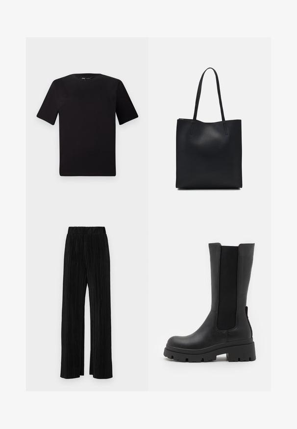 Juodas trumpas rankovės marškinėlis su apvaliu iškirpimu, pagamintas iš minkštos medvilnės medžiagos. Paprastas dizainas, be matomų logotipų ar raštų.; Juodi plisuoti kelnės su elastine juosta. Turėkite plačias kojas ir glotnų, tekstūrinį audinį su vertikaliais dryžiais.; ONLY SHOES ONLDOJA - Batai su platforma - black; Juodas odinis tote krepšys su lygia tekstūra, stačiakampio formos ir dviem ilgais rankenomis. Matomų metalinių detalių ar puošybos nėra.