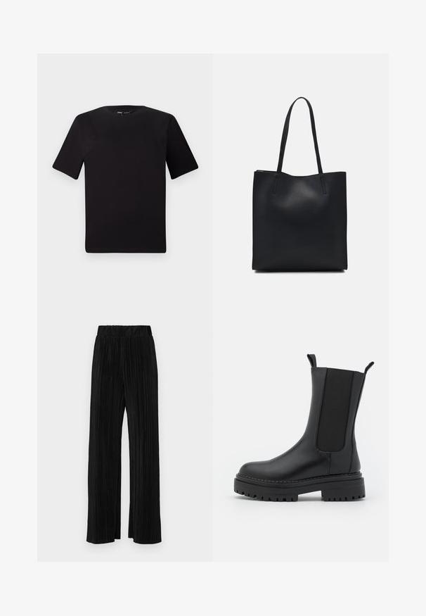 Crna majica kratkih rukava s okruglim izrezom, izrađena od mekane pamučne tkanine. Jednostavan dizajn, bez vidljivih logotipa ili uzoraka.; Crne plisirane hlače s elastičnim pojasom. Imaju široke nogavice i glatku, teksturiranu tkaninu s vertikalnim prugama.; RAID CHERISH - Čizme s platformom - black; Crna kožna torba za nošenje s glatkom teksturom, pravokutnim oblikom i dvije duge ručke. Nema vidljivih metalnih dijelova ili ukrasa.