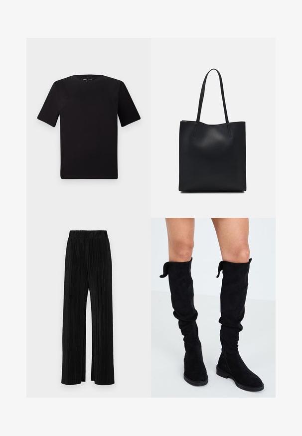 Črna majica s kratkimi rokavi in okroglim izrezom, izdelana iz mehkega bombažnega materiala. Preprost dizajn, brez vidnih logotipov ali vzorcev.; Črne plisirane hlače z elastičnim pasom. Imajo široke noge in gladko, teksturirano tkanino z navpičnimi črtami.; Črne semishe over-the-knee škornje iz mehke tkanine, z ohlapnim dizajnom, okroglo konico, ravnim podplatom in stranskim zadrgo za enostavno obuvanje.; Črna usnjena torba s svilnato teksturo, pravokotne oblike in dvema dolgima ročajema. Brez vidnih metalnih delov ali okrasnih elementov.