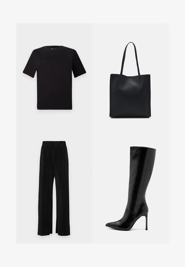 T-shirt nera a maniche corte con scollatura rotonda, realizzata in morbido cotone. Design semplice, senza loghi o motivi visibili.; Pantaloni neri a plissé con vita elasticizzata. Presentano gamba ampia e un tessuto liscio e texture con strisce verticali.; Stivale nero fino al ginocchio in pelle lucida, con punta affusolata e tacco a stiletto sottile. Texture liscia con design minimalista.; Borsa tote in pelle nera con texture liscia, forma rettangolare e due manici lunghi. Nessun hardware o decorazione visibile.