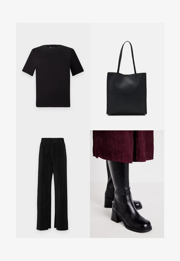 Zwarte T-shirt met korte mouwen en een ronde hals, gemaakt van zachte katoenstof. Eenvoudig ontwerp, geen zichtbare logo's of patronen.; Zwarte geplooide broek met een elastische tailleband. Beschikt over wijde pijpen en een glad, gestructureerd stof met verticale strepen.; Zwarte kniehoge laarzen met een zachte leren afwerking, rechthoekige blokhakken en een details van zijstiksels, gecombineerd met een bordeauxrode rok.; Zwarte leren handtas met een gladde textuur, rechthoekige vorm en twee lange handvaten. Geen zichtbare hardware of versieringen.