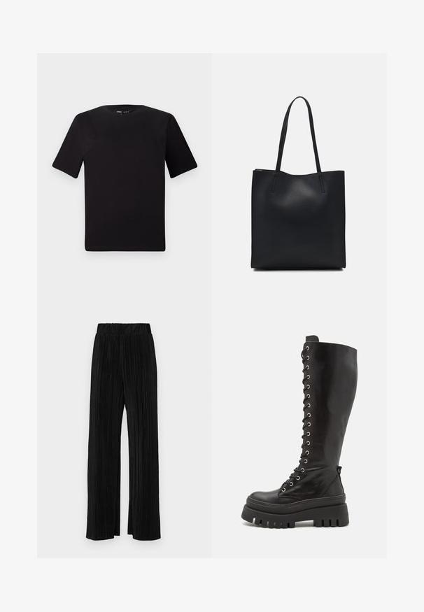 Sort kortærmet t-shirt med rund halsudskæring, lavet af blødt bomuldsstof. Enkel design, ingen synlige logoer eller mønstre.; Sorte plisserede bukser med elastisk talje. Har brede ben og et glat, tekstureret stof med lodrette striber.; Steve Madden CARINA - Plateaustøvler - black; Sort læder tote taske med glat tekstur, rektangulær form og to lange hanke. Ingen synlig hardware eller udsmykninger.