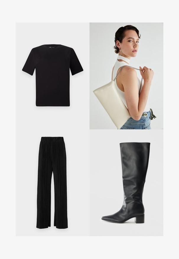 Juodas trumpas rankovės marškinėlis su apvaliu iškirpimu, pagamintas iš minkštos medvilnės medžiagos. Paprastas dizainas, be matomų logotipų ar raštų.; Juodi plisuoti kelnės su elastine juosta. Turėkite plačias kojas ir glotnų, tekstūrinį audinį su vertikaliais dryžiais.; Juoda odinė liemens aukščio boot su smailiu pirštu ir blokuota pakyla, matoma iš šono ant vienodo fono.; Balta, stačiakampio formos rankinė pagaminta iš blizgaus medžiagos, su sidabriniu virvute. Modelis pozavo, demonstruodamas rankinę prieš paprastą foną.