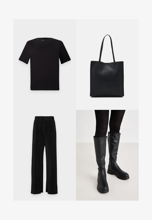 Svart kortärmad t-shirt med rund halsringning, tillverkad i mjukt bomullstyg. Enkelt mönster, utan synliga logotyper eller mönster.; Svarta plisserade byxor med resårmidja. Har vida ben och ett mjukt, texturerat material med vertikala ränder.; Even&Odd Platåstövlar - black; Svart lädertoffelväska med slät textur, rektangulär form och två långa handtag. Ingen synlig hårdvara eller dekorationer.