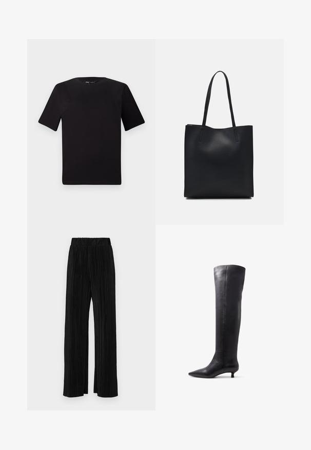 Černé tričko s krátkým rukávem a kulatým výstřihem, vyrobené z měkké bavlněné látky. Jednoduchý design, žádné viditelné logo nebo vzory.; Černé plisované kalhoty s elastickým pasem. Mají široké nohavice a hladkou, strukturovanou tkaninu s vertikálními pruhy.; Černé kožené boty ke kolenům s špičatou špičkou a malým podpatkem, se hladkým povrchem a minimalistickým designem.; Černá kožená taška přes rameno s hladkým povrchem, obdélníkovým tvarem a dvěma dlouhými uchy. Žádné viditelné kování ani ozdoby.