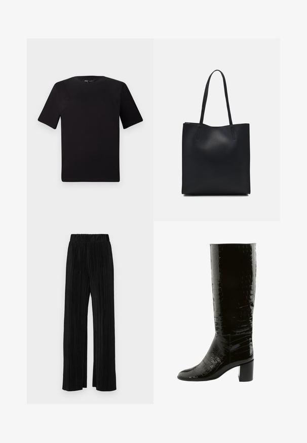 Zwarte T-shirt met korte mouwen en een ronde hals, gemaakt van zachte katoenstof. Eenvoudig ontwerp, geen zichtbare logo's of patronen.; Zwarte geplooide broek met een elastische tailleband. Beschikt over wijde pijpen en een glad, gestructureerd stof met verticale strepen.; Zwarte kniehoge laarzen met een glanzende krokodillenstructuur en vierkante hak. Strak ontwerp met een ronde neus en een soepele afwerking.; Zwarte leren handtas met een gladde textuur, rechthoekige vorm en twee lange handvaten. Geen zichtbare hardware of versieringen.