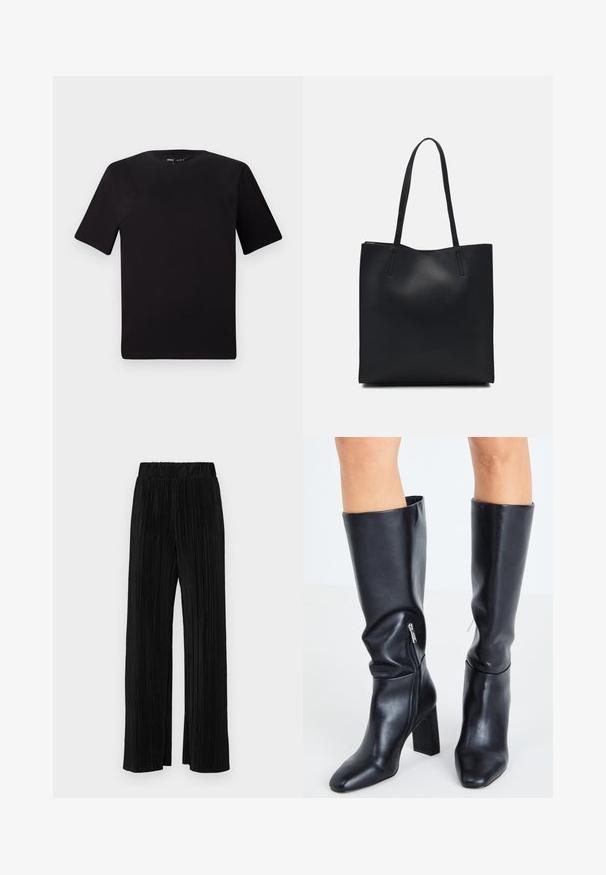 Schwarzes T-Shirt mit kurzen Ärmeln und Rundhalsausschnitt, aus weichem Baumwollmaterial gefertigt. Schlichtes Design, keine sichtbaren Logos oder Muster.; Schwarze plissierte Hose mit elastischem Bund. Verfügt über weite Hosenbeine und einen glatten, strukturierten Stoff mit vertikalen Streifen.; Steve Madden SPEEDWAY - Stiefel - black; Schwarze Laptoptasche aus Leder mit glatter Textur, rechteckiger Form und zwei langen Griffen. Keine sichtbaren Beschläge oder Verzierungen.