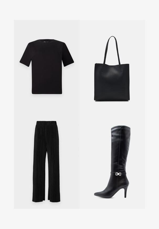 Black short-sleeve t-shirt with a round neckline, crafted from soft cotton fabric. Simple design, no visible logos or patterns.; Black pleated trousers with an elastic waistband. Features wide legs and a smooth, textured fabric with vertical stripes.; Black leather knee-high boot with a pointed toe, high stiletto heel, and a decorative silver buckle detail around the ankle.; Black leather tote bag with smooth texture, rectangular shape, and two long handles. No visible hardware or embellishments.