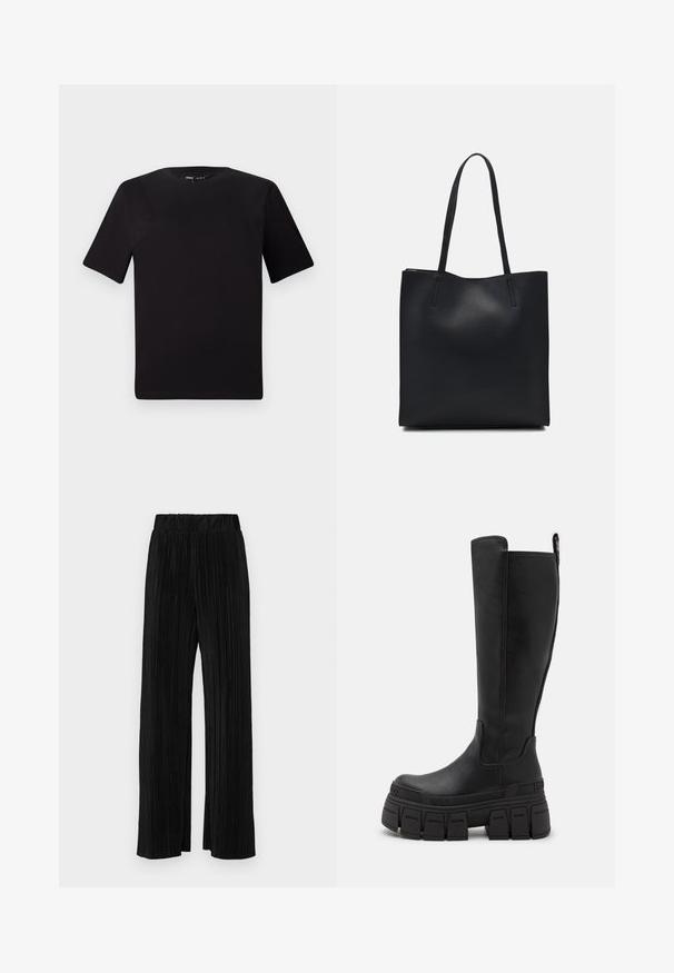 Black short-sleeve t-shirt with a round neckline, crafted from soft cotton fabric. Simple design, no visible logos or patterns.; Black pleated trousers with an elastic waistband. Features wide legs and a smooth, textured fabric with vertical stripes.; Buffalo GOSPHER STRETCH BOOT - Platform boots - black; Black leather tote bag with smooth texture, rectangular shape, and two long handles. No visible hardware or embellishments.