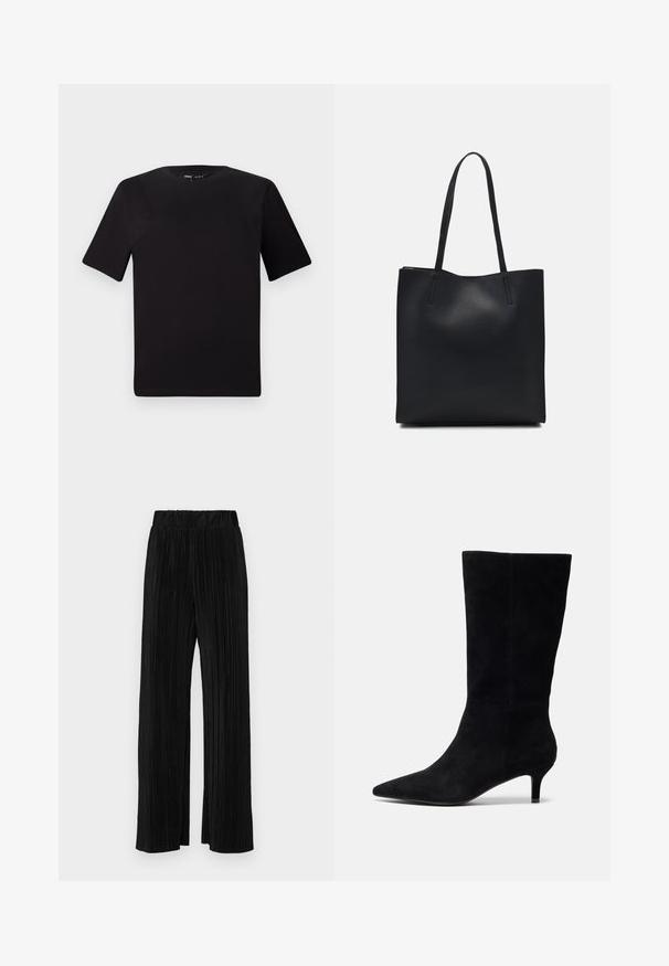 Svart t-skjorte med korte ermer og rund hals, laget av mykt bomullsstoff. Enkelt design, ingen synlige logoer eller mønstre.; Sorte plisserte bukser med elastisk midje. Har vide ben og et glatt, strukturert stoff med vertikale striper.; Svart semsket ankelboot med spiss tå, slank hæl og jevn tekstur, med en tettsittende silhuett og ingen synlig maskinering.; Svart lær tote bag med glatt tekstur, rektangulær form og to lange håndtak. Ingen synlige deler eller dekorasjoner.