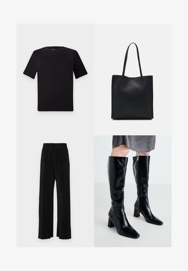 Fekete, rövid ujjú póló, kerek nyakkal, puha pamutból készült. Egyszerű dizájn, nincs látható logó vagy minta.; Fekete pliszírozott nadrág gumis derekkal. Széles lábakkal rendelkezik, sima, texturált anyagból készült, függőleges csíkokkal.; RAID HETTY - Csizmák - black; Fekete bőrtáska sima felszínnel, téglalap alakú, két hosszú füllel. Nincs látható fémkiegészítő vagy díszítés.