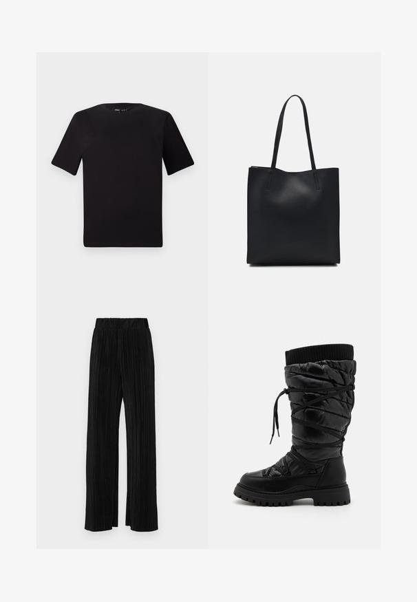 Melnas īsām piedurknēm T-krekls ar apaļu kakla izgriezumu, izgatavots no mīksta kokvilnas auduma. Vienkāršs dizains, bez redzamām logo vai rakstiem.; Melni plīšu bikses ar elastīgu jostu. Tām ir platākas kājas un gluda, teksturēta auduma ar vertikālām svītrām.; Melni ceļgala zābaki ar izšūtu tekstūru, ar aukliņu aizdari, kontrastējošu ribotu augšējo maliņu un biezu, izturīgu zoli.; Melnas ādas somiņa ar gludu tekstūru, taisnstūra formu un divām garām rokturiem. Nav redzamu aparatūras vai rotājumu.