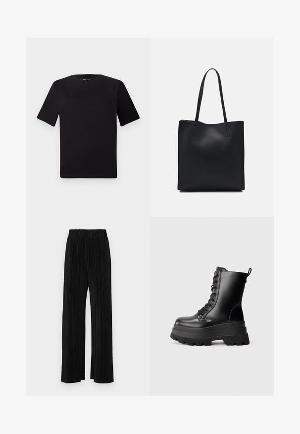 Black short-sleeve t-shirt with a round neckline, crafted from soft cotton fabric. Simple design, no visible logos or patterns.; Black pleated trousers with an elastic waistband. Features wide legs and a smooth, textured fabric with vertical stripes.; Black lace-up ankle boots with a chunky platform sole, smooth leather finish, and pull tab. Features eight eyelets and textured sole.; Black leather tote bag with smooth texture, rectangular shape, and two long handles. No visible hardware or embellishments.