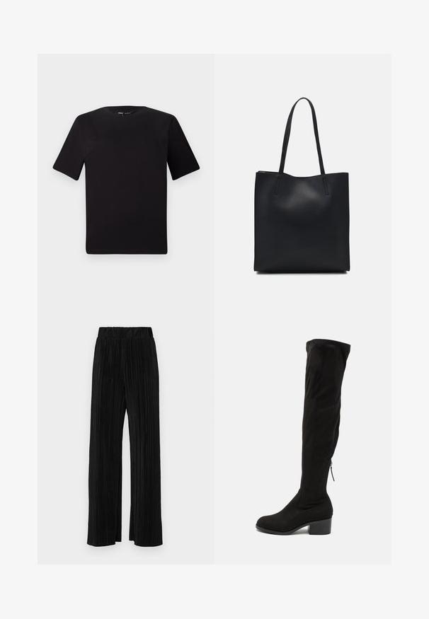 Čierne tričko s krátkym rukávom a okrúhlym výstrihom, vyrobené z mäkkej bavlny. Jednoduchý dizajn, bez viditeľných log alebo vzorov.; Čierne plisované nohavice s elastickým pásom. Majú široké nohavice a hladkú, textúrovanú látku s vertikálnymi pruhmi.; Čierne vysoké čižmy nad kolená vyrobené z jemného semišu, s blokovým podpätkom a bočným zipsom pre jednoduché obúvanie. Hladká textúra.; Čierna kožená taška na rameno s hladkým povrchom, obdĺžnikovým tvarom a dvoma dlhými uchami. Bez viditeľného kovania alebo ozdôb.