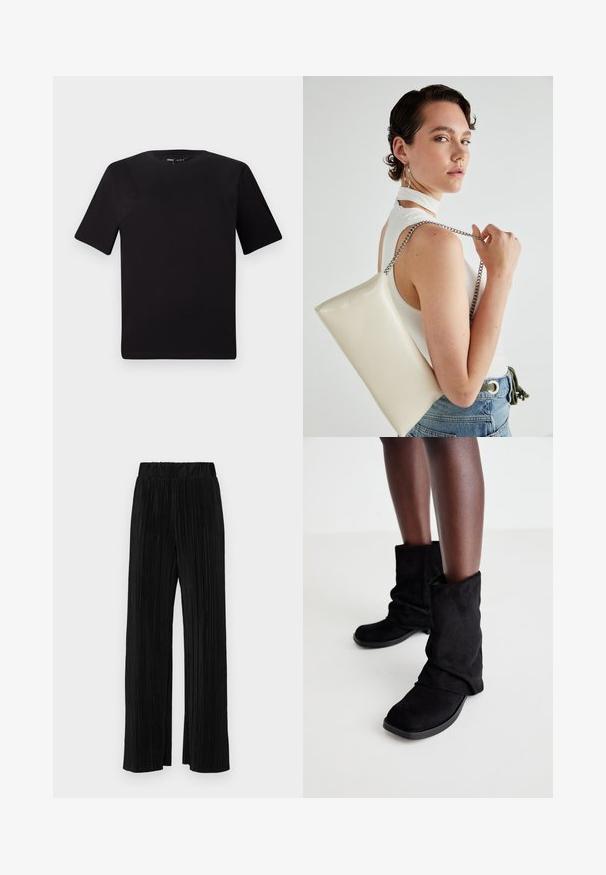 Black short-sleeve t-shirt with a round neckline, crafted from soft cotton fabric. Simple design, no visible logos or patterns.; Black pleated trousers with an elastic waistband. Features wide legs and a smooth, textured fabric with vertical stripes.; Black suede ankle boots with a slouchy design, featuring a flat sole and a square toe, displayed on dark legs against a light background.; White rectangular clutch bag made of glossy material, featuring a silver chain strap. Model poses, showcasing the bag against a plain background.