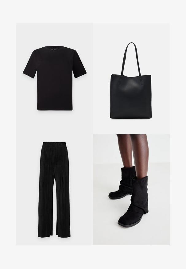 Svart t-skjorte med korte ermer og rund hals, laget av mykt bomullsstoff. Enkelt design, ingen synlige logoer eller mønstre.; Sorte plisserte bukser med elastisk midje. Har vide ben og et glatt, strukturert stoff med vertikale striper.; Sorte semskede ankelstøvler med et slasket design, som har en flad sål og en firkantet tå, vist på mørke ben mot en lys bakgrunn.; Svart lær tote bag med glatt tekstur, rektangulær form og to lange håndtak. Ingen synlige deler eller dekorasjoner.