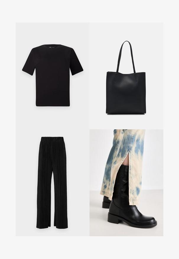 Svart t-skjorte med korte ermer og rund hals, laget av mykt bomullsstoff. Enkelt design, ingen synlige logoer eller mønstre.; Sorte plisserte bukser med elastisk midje. Har vide ben og et glatt, strukturert stoff med vertikale striper.; RAID TAILORR - Cowboystøvler - black; Svart lær tote bag med glatt tekstur, rektangulær form og to lange håndtak. Ingen synlige deler eller dekorasjoner.