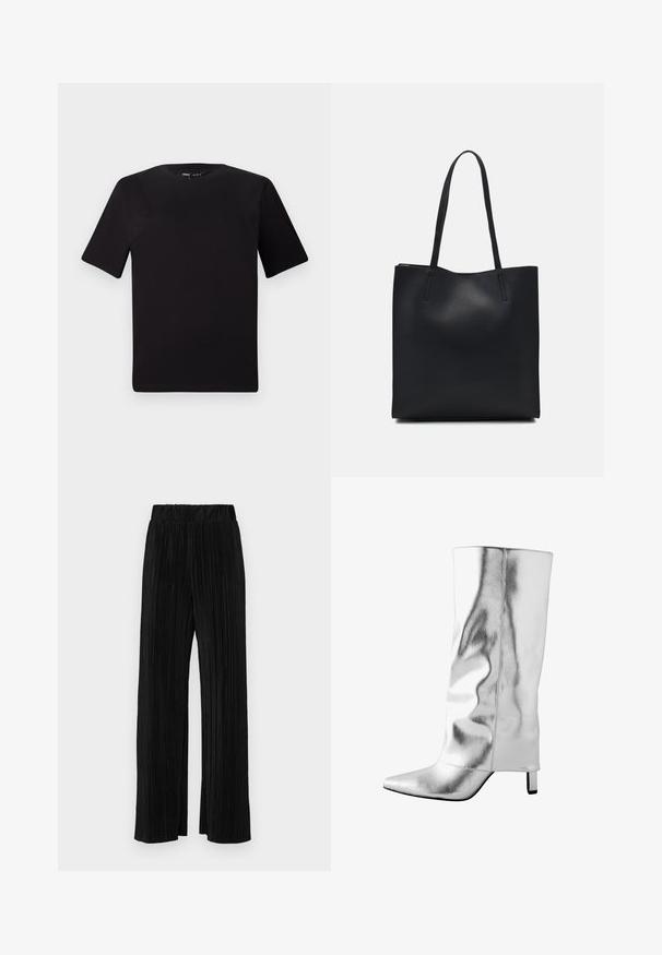 Schwarzes T-Shirt mit kurzen Ärmeln und Rundhalsausschnitt, aus weichem Baumwollmaterial gefertigt. Schlichtes Design, keine sichtbaren Logos oder Muster.; Schwarze plissierte Hose mit elastischem Bund. Verfügt über weite Hosenbeine und einen glatten, strukturierten Stoff mit vertikalen Streifen.; Silberne Lederstiefel bis zum Knie mit spitzem Fuß, glatter Textur und schlankem Design. Verfügt über einen kleinen Blockabsatz und gestickte Details.; Schwarze Laptoptasche aus Leder mit glatter Textur, rechteckiger Form und zwei langen Griffen. Keine sichtbaren Beschläge oder Verzierungen.