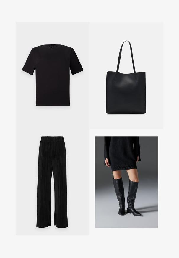 Black short-sleeve t-shirt with a round neckline, crafted from soft cotton fabric. Simple design, no visible logos or patterns.; Black pleated trousers with an elastic waistband. Features wide legs and a smooth, textured fabric with vertical stripes.; Black leather over-the-knee boots with pointed toes, flat soles, and side zippers. Smooth texture, sleek design without embellishments.; Black leather tote bag with smooth texture, rectangular shape, and two long handles. No visible hardware or embellishments.