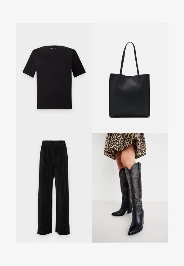 Camiseta negra de manga corta con cuello redondo, fabricada en suave algodón. Diseño simple, sin logos ni patrones visibles.; Pantalones negros de pliegues con una cintura elástica. Presentan piernas anchas y una tela suave y texturada con rayas verticales.; Piernas que llevan botas de vaquero negras de piel hasta la rodilla con costuras decorativas, combinadas con una falda corta de estampado de leopardo contra un fondo blanco.; Bolso tote de cuero negro con textura lisa, forma rectangular y dos asas largas. Sin herrajes ni adornos visibles.
