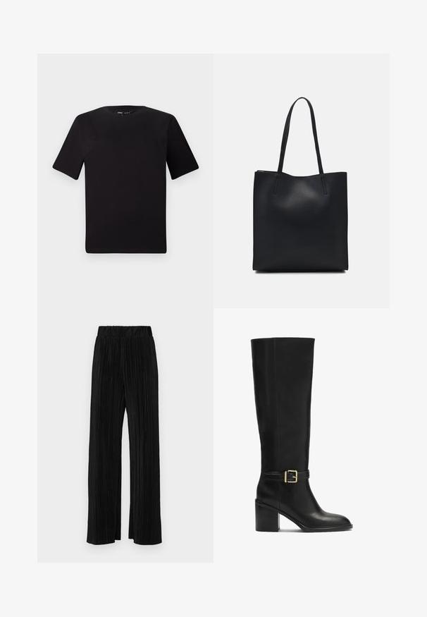 Čierne tričko s krátkym rukávom a okrúhlym výstrihom, vyrobené z mäkkej bavlny. Jednoduchý dizajn, bez viditeľných log alebo vzorov.; Čierne plisované nohavice s elastickým pásom. Majú široké nohavice a hladkú, textúrovanú látku s vertikálnymi pruhmi.; Čierne čižmy po koleno vyrobené z hladkej kože, s blokovým podpätkom, zlatou sponou a elegantným siluetou.; Čierna kožená taška na rameno s hladkým povrchom, obdĺžnikovým tvarom a dvoma dlhými uchami. Bez viditeľného kovania alebo ozdôb.