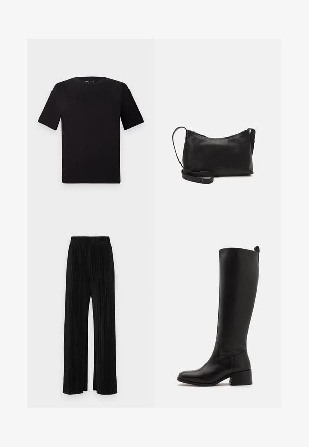 Tricou scurt negru cu mânecă scurtă și guler rotund, realizat dintr-un material de bumbac moale. Design simplu, fără logo-uri sau modele vizibile.; Pantaloni negri plisati cu talie elastică. Prezintă picioare largi și un material neted, texturat, cu dungi verticale.; Botine negre până la genunchi din piele netedă, cu toc pătrat, vârf rotund și un design elegant, neîmbelșugat.; Geantă de umăr din piele neagră, cu o textură netedă, formă curbată, curea ajustabilă și închidere cu fermoar. Design minimalist, fără embellishments.