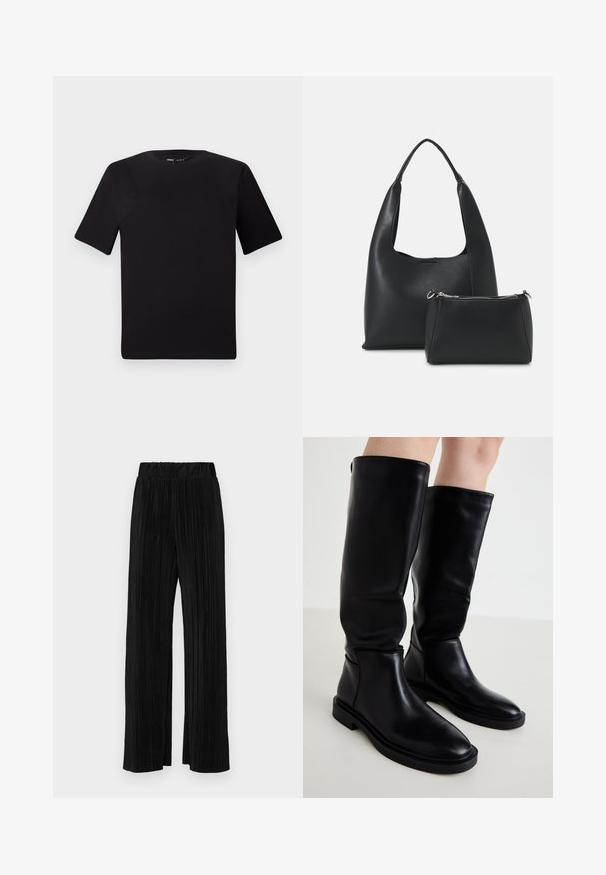 T-shirt noir à manches courtes avec un col rond, fabriqué en coton doux. Design simple, sans logos ni motifs visibles.; Pantalons plissés noirs avec une taille élastique. Présente des jambes larges et un tissu lisse texturé avec des rayures verticales.; Bottes noires montantes en cuir lisse avec un bout arrondi, un design minimaliste et une semelle en caoutchouc plate. Détails de couture sur les côtés.; Even&Odd Sac à main - black