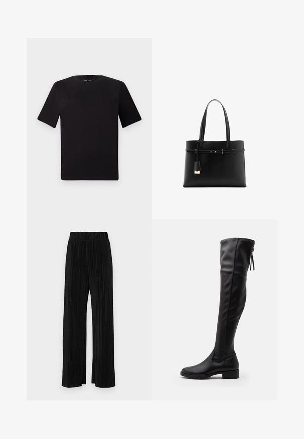 Črna majica s kratkimi rokavi in okroglim izrezom, izdelana iz mehkega bombažnega materiala. Preprost dizajn, brez vidnih logotipov ali vzorcev.; Črne plisirane hlače z elastičnim pasom. Imajo široke noge in gladko, teksturirano tkanino z navpičnimi črtami.; Knee-high črne usnjene škornje z gladko teksturo, okroglo konico in gumo podplatom. Imajo obliko, ki se prilega nogi, ter podrobnost s vezanjem zadaj.; Črna usnjena torba z dvema ročajema, tankim okrasnim pasom in majhno visečo ključavnico na beli podlagi.