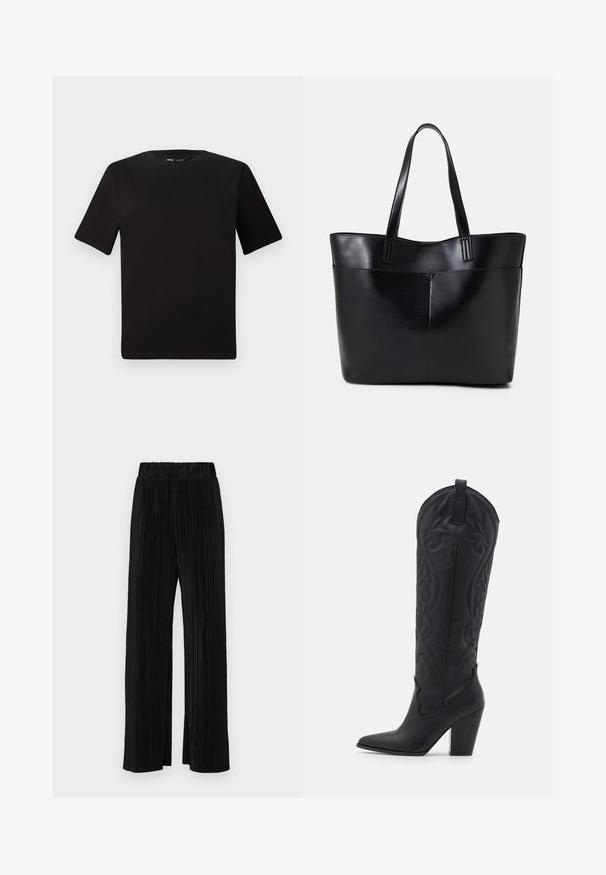 Musta lyhythihainen t-paita pyöreällä kaula-aukolla, valmistettu pehmeästä puuvillakankaasta. Yksinkertainen malli, ei näkyviä logoja tai kuvioita.; Mustat pleatatut housut, joissa on joustava vyötärö. Ominaisuuksiin kuuluvat leveät lahkeet ja sileä, teksturoitu kangas, jossa on pystysuoria raitoja.; Zign Biker-/cowboysaappaat - black; Musta nahkainen kassi, jossa on kaksi pitkää kahvaa, sileä pinta ja jämäkkä muoto. Sisältää etutaskun lisävarastointia varten.