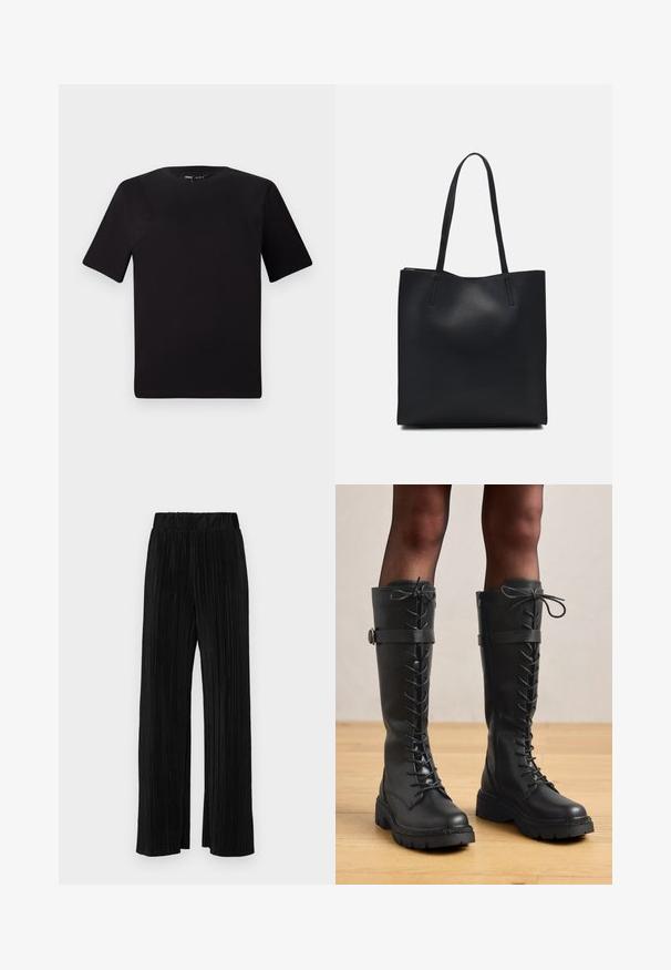 Zwarte T-shirt met korte mouwen en een ronde hals, gemaakt van zachte katoenstof. Eenvoudig ontwerp, geen zichtbare logo's of patronen.; Zwarte geplooide broek met een elastische tailleband. Beschikt over wijde pijpen en een glad, gestructureerd stof met verticale strepen.; Zwarte leren laarzen met veters, tot aan de knie, ronde neus, dikke gestructureerde zool en decoratieve zijketting en hardwaredetail.; Zwarte leren handtas met een gladde textuur, rechthoekige vorm en twee lange handvaten. Geen zichtbare hardware of versieringen.