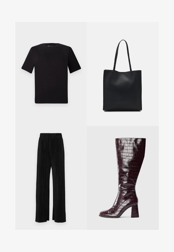 Tricou scurt negru cu mânecă scurtă și guler rotund, realizat dintr-un material de bumbac moale. Design simplu, fără logo-uri sau modele vizibile.; Pantaloni negri plisati cu talie elastică. Prezintă picioare largi și un material neted, texturat, cu dungi verticale.; Cizma de culoare burgundy închis, până la genunchi, cu textură de crocodil și toc pătrat, pe un fundal alb, văzută din lateral.; Geantă tote neagră din piele, cu textură netedă, formă rectangulară și două mânere lungi. Fără hardware vizibil sau ornamente.