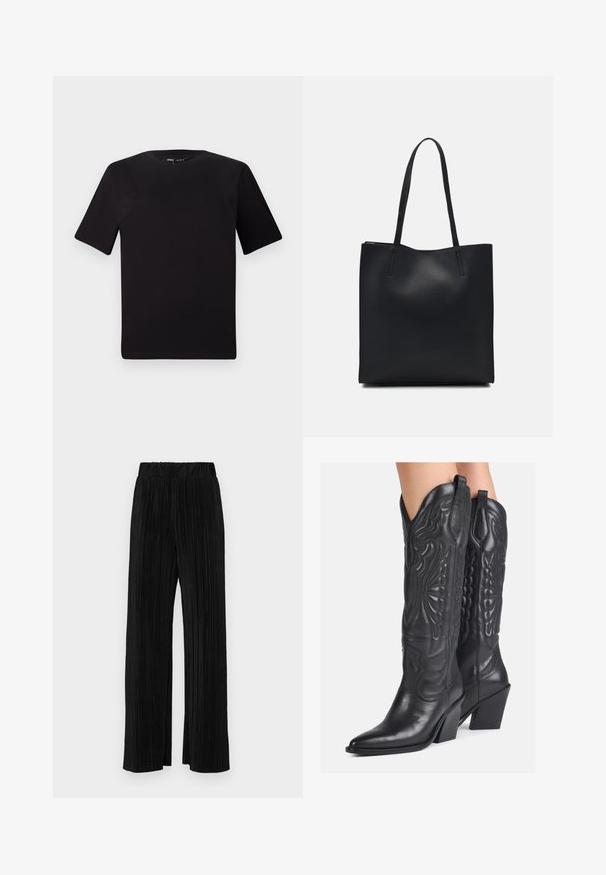 T-shirt preta de mangas curtas com decote redondo, feita de tecido de algodão suave. Design simples, sem logótipos ou padrões visíveis.; Calças pregueadas pretas com uma cintura elástica. Apresentam pernas largas e um tecido liso, texturizado com riscas verticais.; Botas de cowboy em couro preto com desenhos embutidos intrincados, bico apontado e salto robusto. Apresenta detalhes costurados e alças de puxar.; Bolsa tote preta em couro com textura lisa, forma retangular e duas alças longas. Sem hardware ou enfeites visíveis.