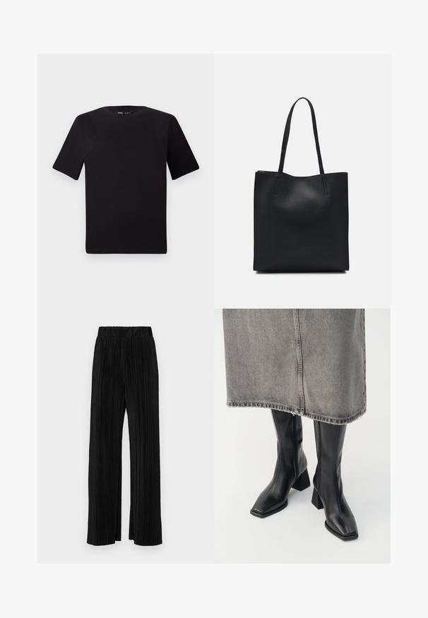 Svart t-skjorte med korte ermer og rund hals, laget av mykt bomullsstoff. Enkelt design, ingen synlige logoer eller mønstre.; Sorte plisserte bukser med elastisk midje. Har vide ben og et glatt, strukturert stoff med vertikale striper.; Sorte knelengde støvler i glatt skinn med firkantet tå og blokk hæl. Brukt sammen med et grått denim skjørt med frynset kant.; Svart lær tote bag med glatt tekstur, rektangulær form og to lange håndtak. Ingen synlige deler eller dekorasjoner.