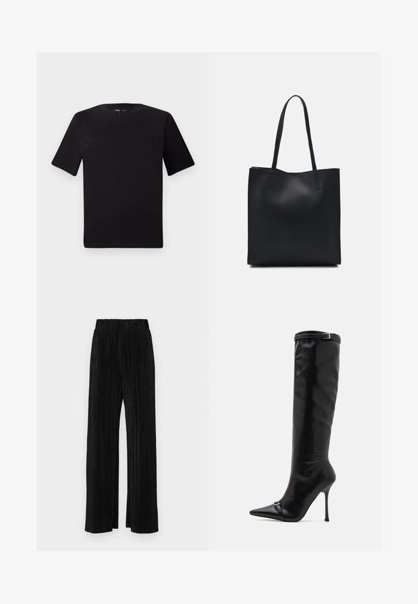 Black short-sleeve t-shirt with a round neckline, crafted from soft cotton fabric. Simple design, no visible logos or patterns.; Black pleated trousers with an elastic waistband. Features wide legs and a smooth, textured fabric with vertical stripes.; Simmi London PALACE - Boots - black; Black leather tote bag with smooth texture, rectangular shape, and two long handles. No visible hardware or embellishments.